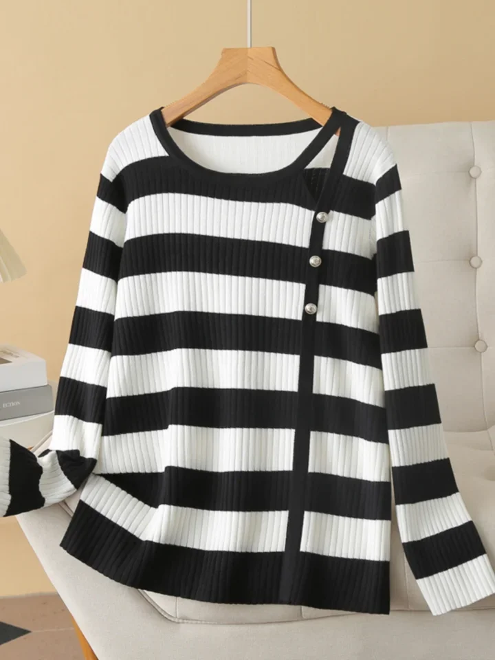 

Черно-белый полосатый свободный свитер для женщин, большой размер, весна-осень, новый ажурный вязаный топ, элегантный пуловер с длинными рукавами на пуговицах