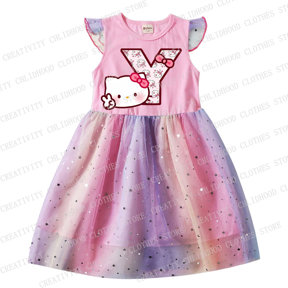 Girl Dress HelloKittys A B C D Letter Children Dresses Princess Cartoons Print Casual Clothes Girls Gauze Flying Sleeve Kid Baby