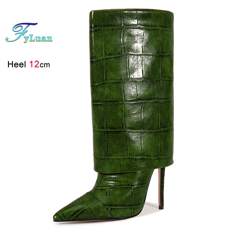 

Autumn Winter Green Women's Mid-Calf Boots Pointed Toe Ladies Pumps Thin High Heels 12cm Stone Patterned Turned-Over Edge Boots