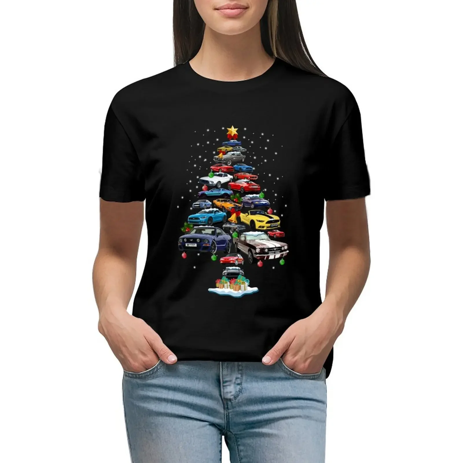 

Mustang-Car-Christmas-Tree-Shirt T-Shirt cute tops anime clothes heavyweights t-shirt dress for Women plus size sexy