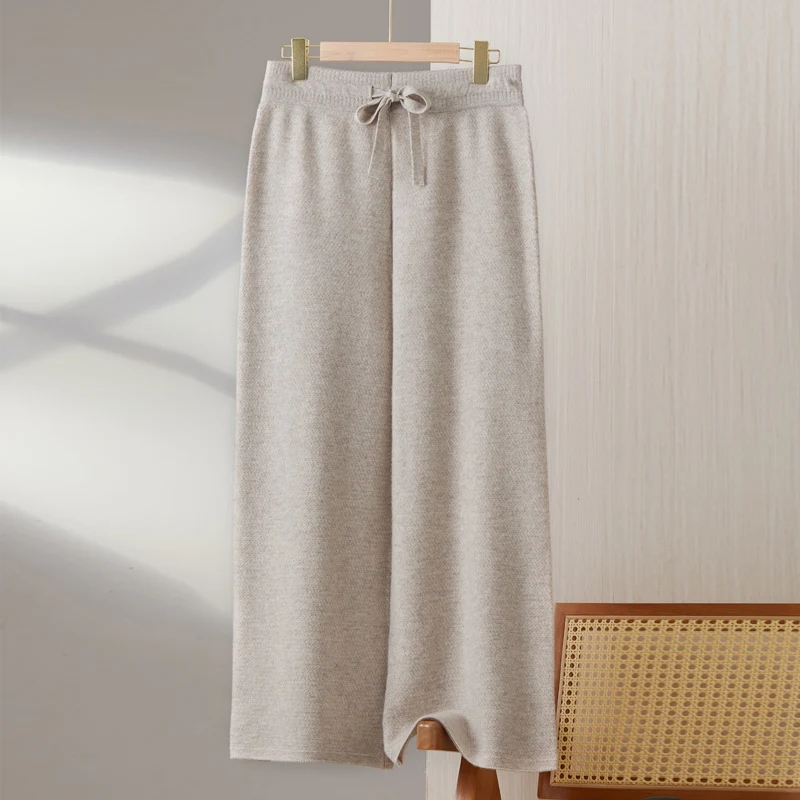 Spring Autumn New Women\'s 100% Merino Wool Knitted Long Pants Slim Fit High Waist Wide Leg Pants Solid Color Loose Pants