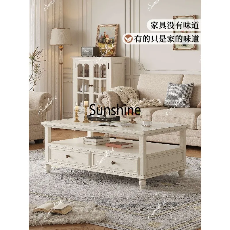 French cream wind solid wood coffee table, household living room rectangular storage tea table