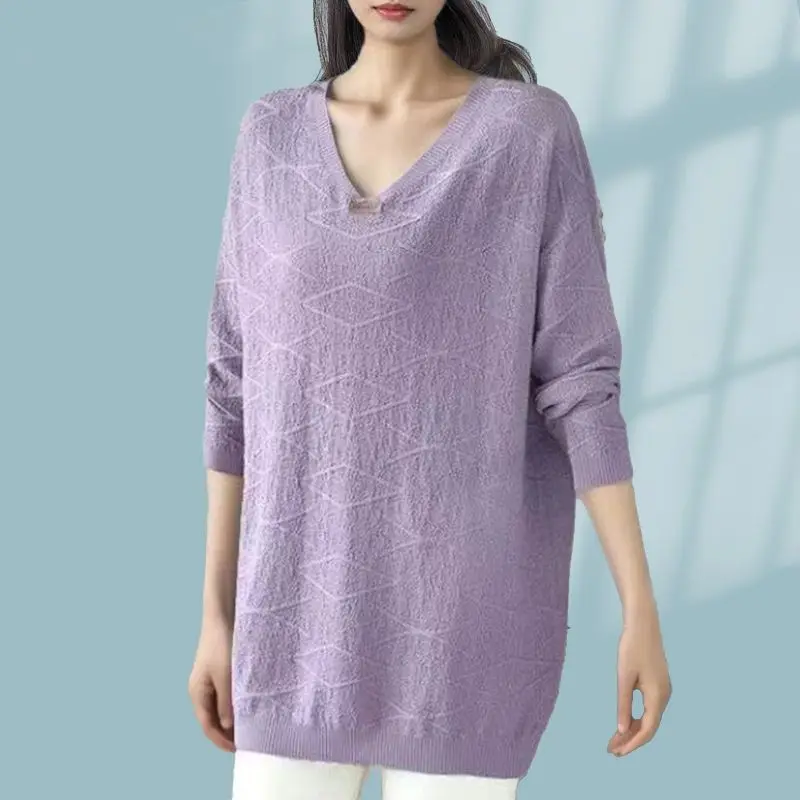 

Mid-Age Women's Autumn Winter New Plus Size Sweater Female Belly Covering Slimming V-Neck Knit Base Shirt