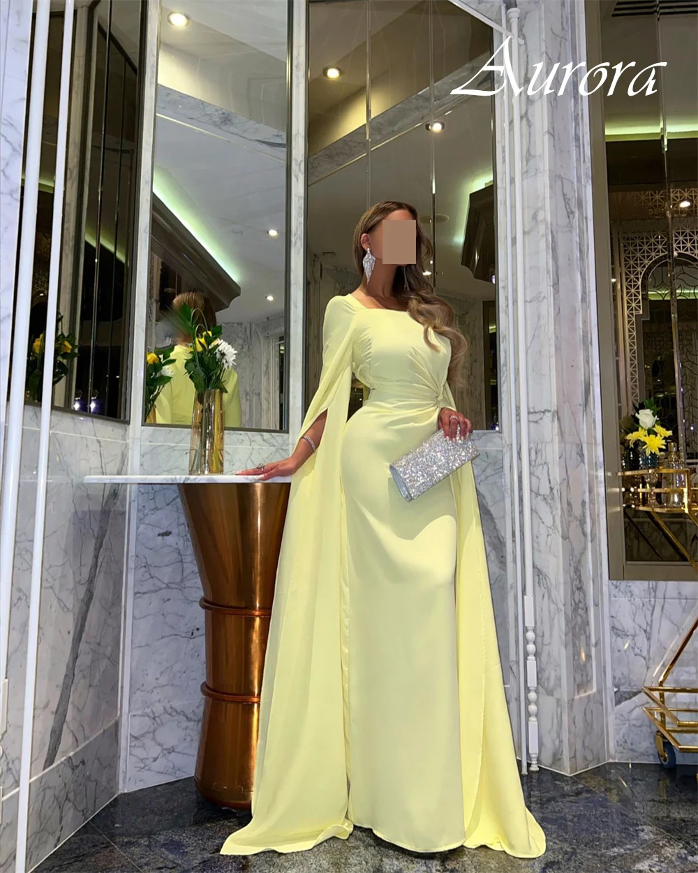 فستان سهرة شيفون أصفر فاخر مخصص فساتين المشاهير بأكمام طويلة سويب تراين فساتين مناسبة مخصصة