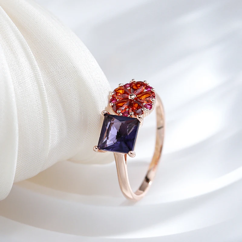 Kinel Hot Square Purple Natural Zircon Ring For Women 585 Rose Gold Color Flower Jewelry Fine Daily Accessories