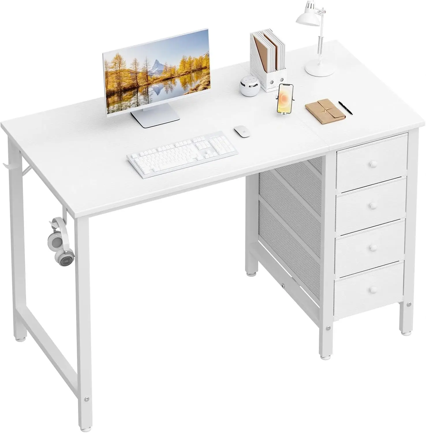 

40 Inch White Desk with Drawers, Reversible Study Table for Kids and Adults, Space-Saving Home Office Furniture