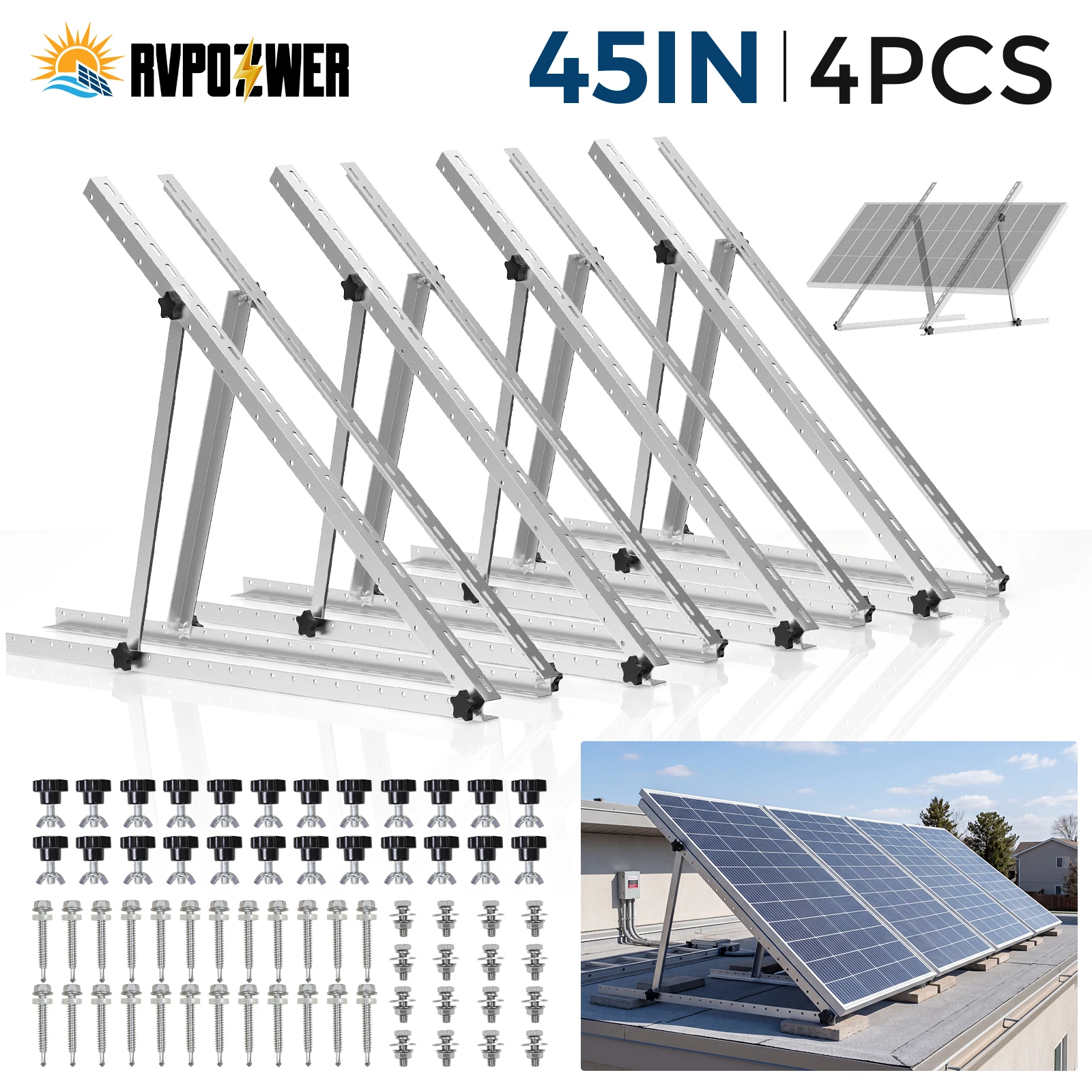 RVPOZWER 4-teiliges Set Verstellbare Solarmodul-Halterung 45 Zoll mit Klappbaren Neigungsverstellbaren Beinen für Dachmontage an Autarken Wohnmobilen und Booten