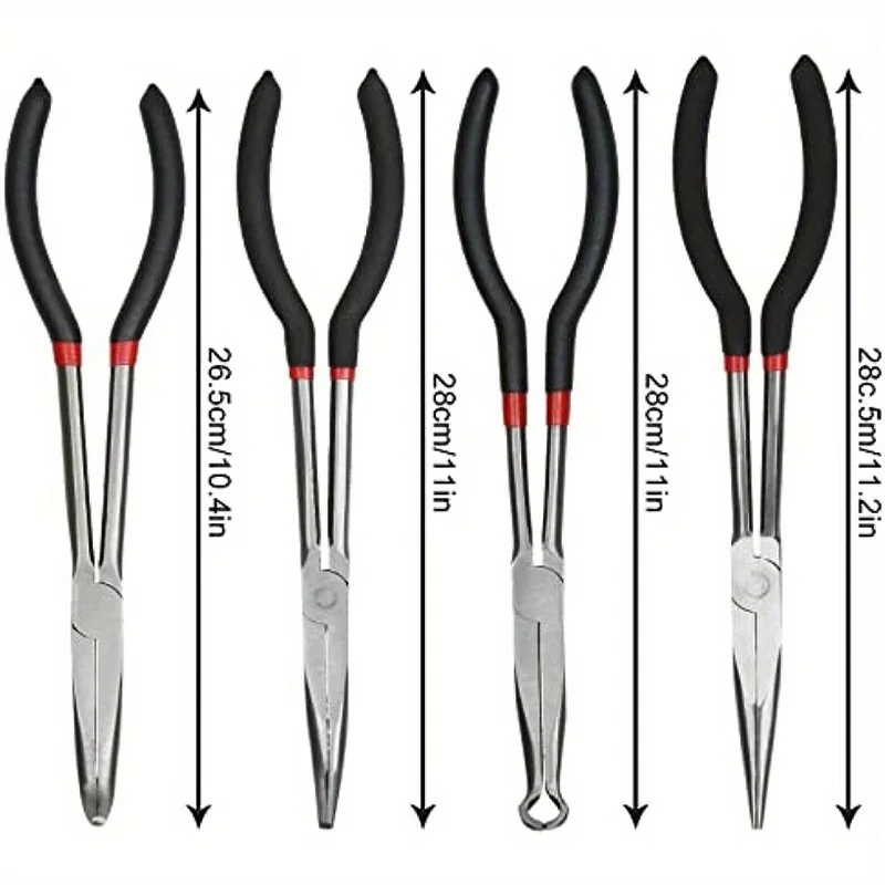 11 inch Needle Nose Pliers Set 4 Pack Long Nose Pliers Set Straight Long 45 90 Deg Needle Pliers and Long Reach Circ