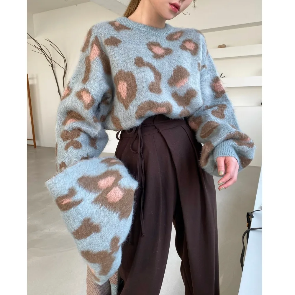 الكورية Sle شيك ليوبارد طباعة التفاف فضفاض المرأة سترة قطعتين مجموعة الخريف الشتاء Faion تصميم خمر بلوزات ووشاح