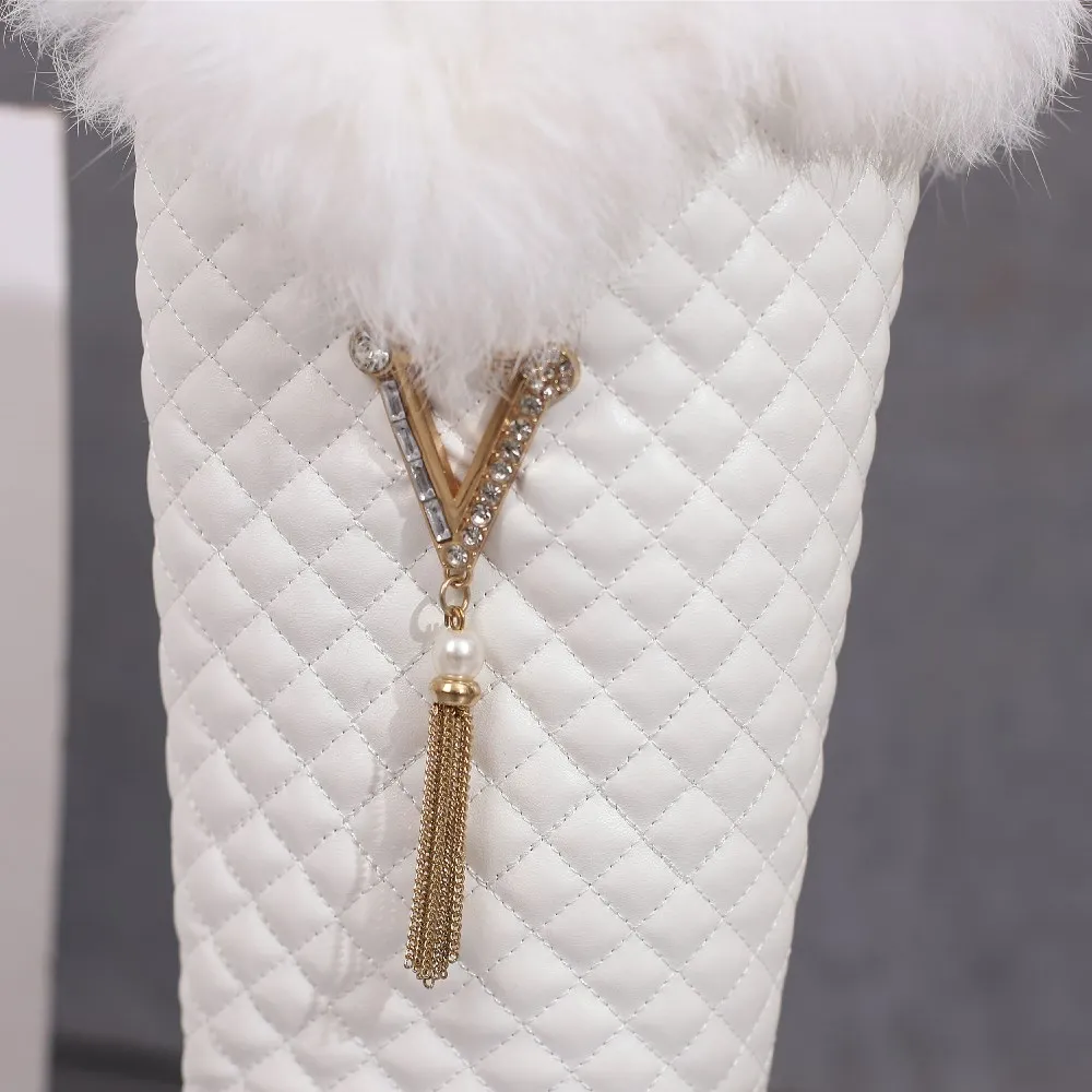 Winter Women Fur Knee High Boots White Black High Block Heel Round Toe Dress Party Lady Warm Plush Tassel Zipper Long Snow Boots view 2