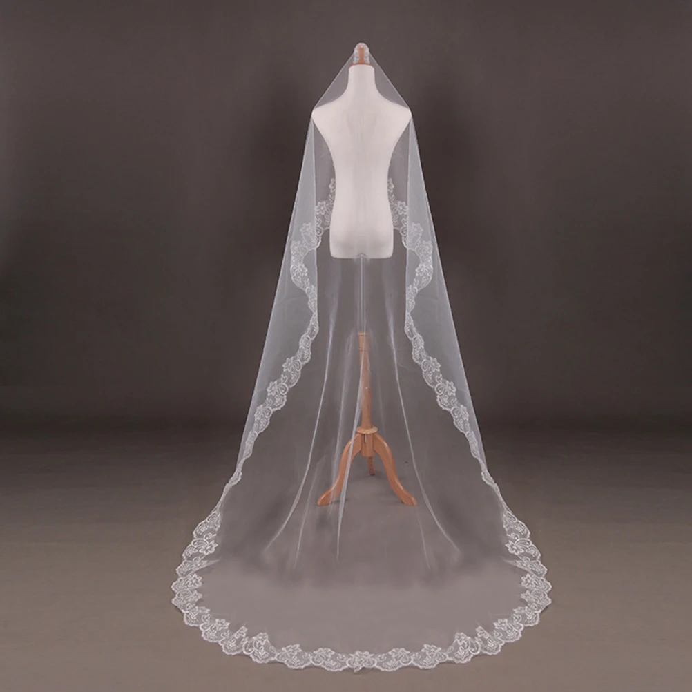 

Bridal Wedding Veil Long Lace Tulle Chiffon Gown Elegant White Dress with Sparkling Sequins
