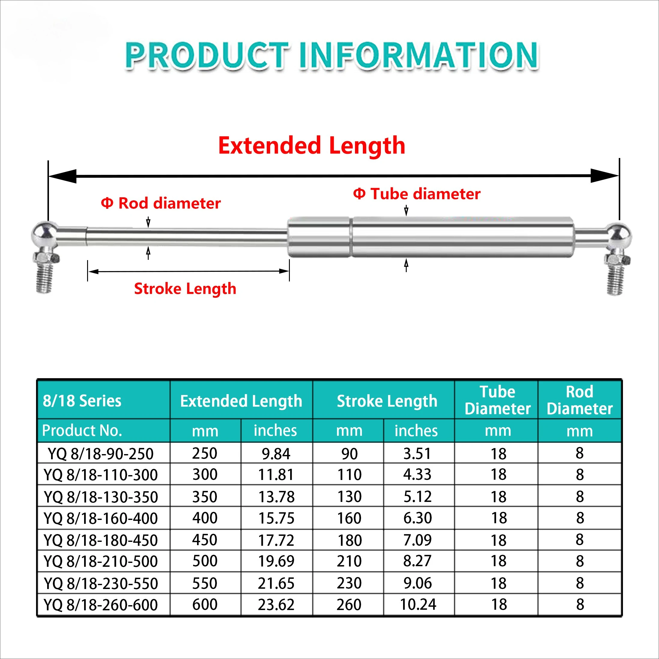 1PC 200-400N 250-600mm Stainless Steel Gas Spring Metal Ball Support Rods Yacht Pneumatic Rods Medical Equipment Food Machinery view 2