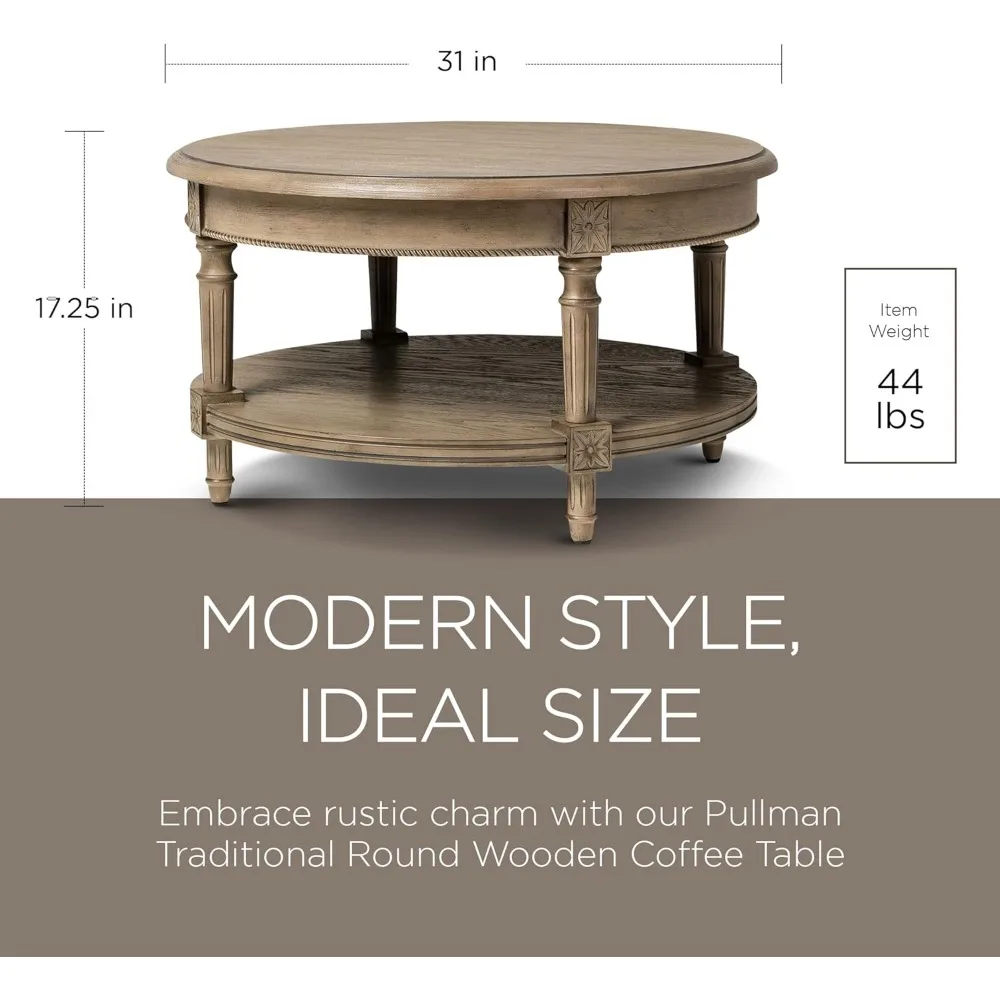 Pullman Large Curved 2 Tier Traditional Round Circle Wooden Center Coffee Table with Shelf Storage in Rustic Antiqued Finish