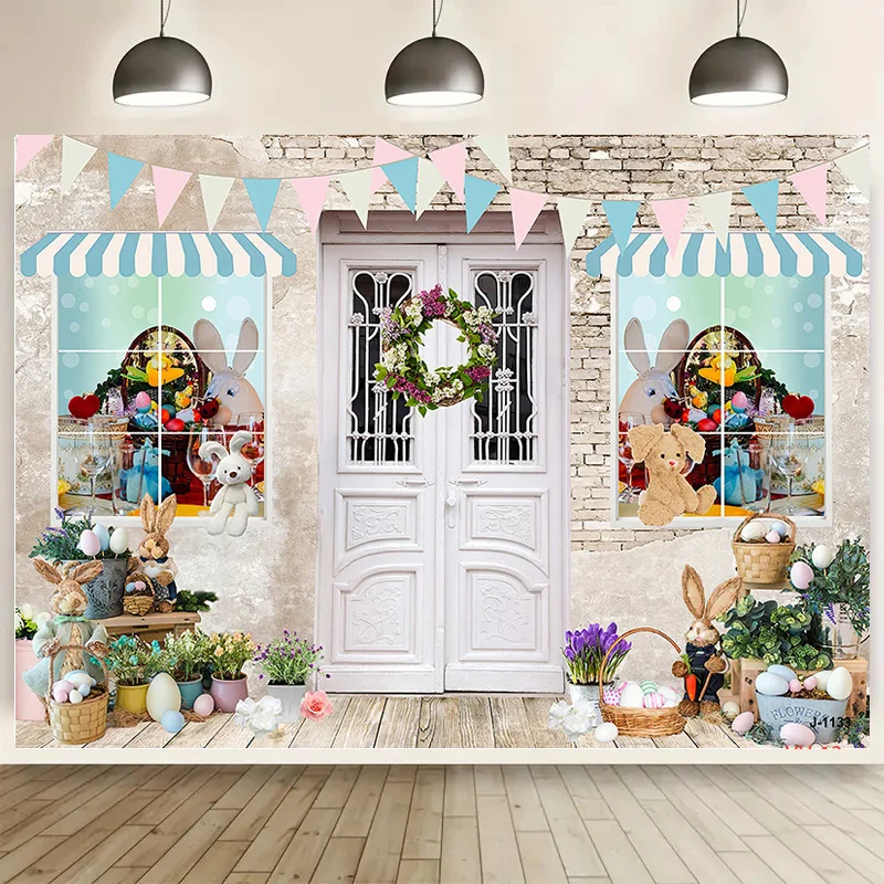 

SHENGYONGBAO Green Spring Easter Day Photography Backdrops Props Hare Rabbits Colorful Eggs Wood Photo Studio Background VV-13