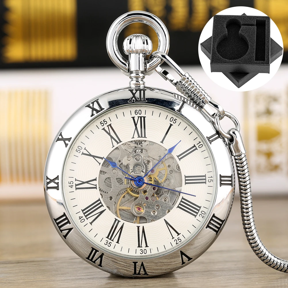 Vintage Automatic Mechanical Pocket Watch Blue Pointers Transparent Skeleton Self Winding Pendant Pocket Clock Men Open Facen