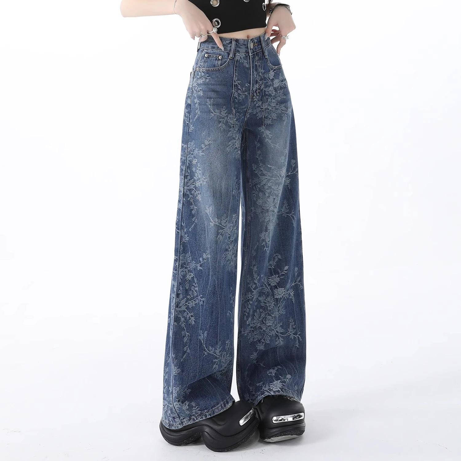 2025 Spring Fall Women High Waisted Floral Pattern Wide Leg Denim Trousers , Woman Clothing Designer Jacquard Jeans Pants