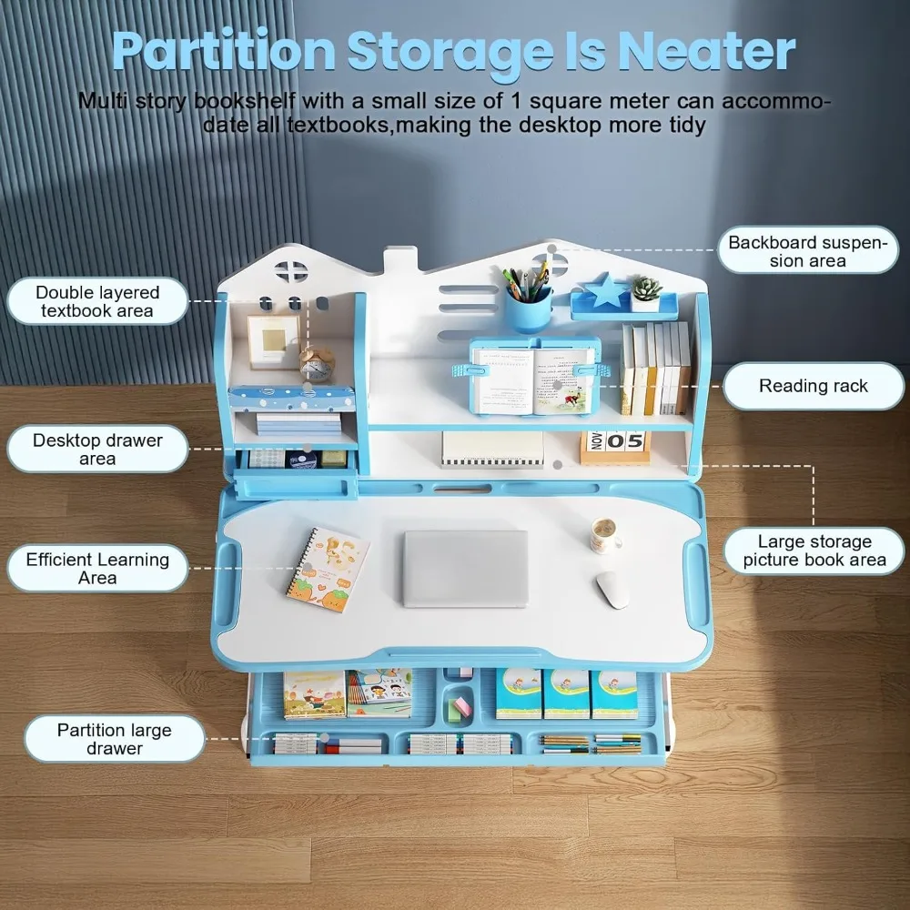 Zestaw biurka i krzesła dla dzieci - regulowane w wysokości ergonomiczne biurko do nauki z łatwą obracaną korbą, 50 °   Półka na biurko z możliwością nachylenia, szuflada do przechowywania