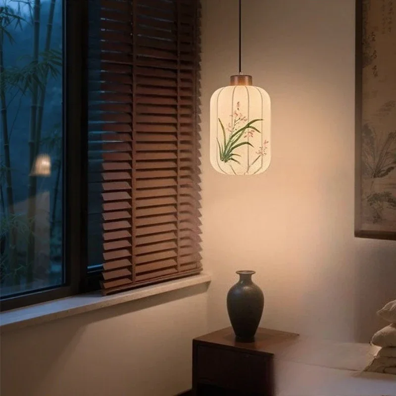 SANDYHA 중국어 레트로 펜던트 조명 손으로 그린 ​​패브릭 샹들리에 아트 LED 조명 침실 거실 식탁 홈 장식
