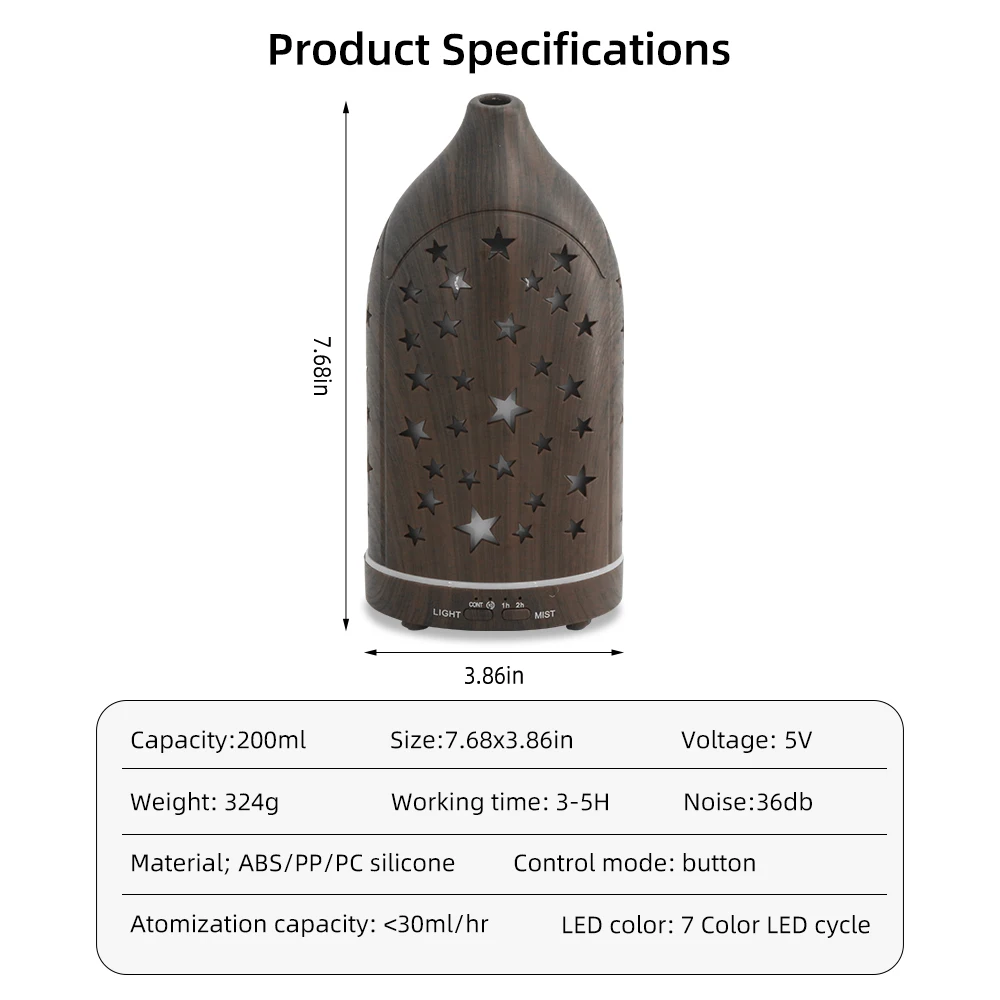 Star Hollow Essential Oil Diffuser - 7 Color LED Lights, Ultra Quiet, Auto Shut-Off, Stylish Aromatherapy Humidifier for Home &