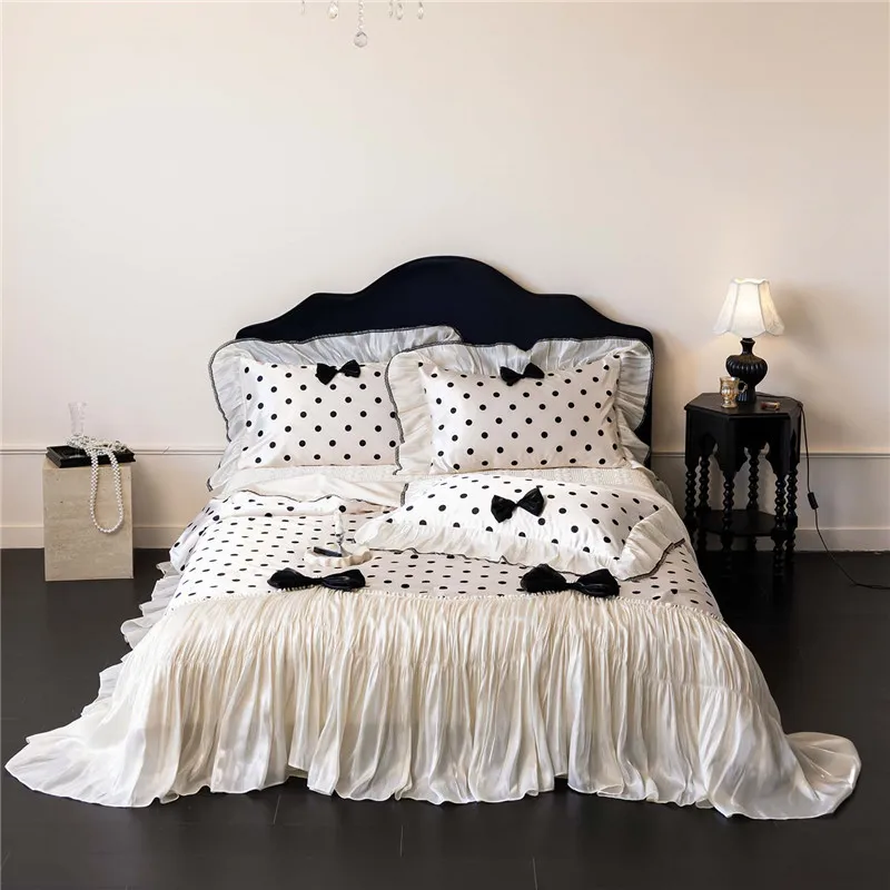 600TC Lyocell Cotton Princess Bowknot Luxury Bedding Set Silky Soft Duvet Cover Flat/Fitted Bed Sheet Pillowcase 4Pcs