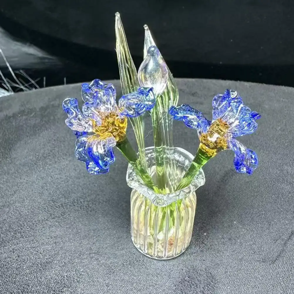 Decorative Glass Flower Hand-blown Glass Flower Bouquet with Vase Mini Handmade Floral Ornament Simulation Stem for Home