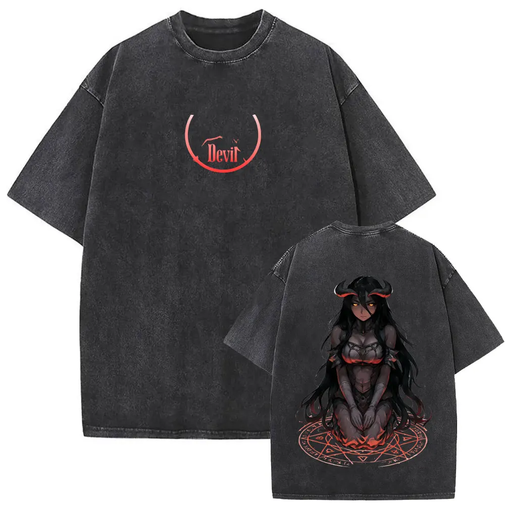 Washed Vintage Anime Overlord Albedo Merch T-shirt Men Women Casual Oversized Cotton T Shirt Male Retro Manga Gothic Streetwear