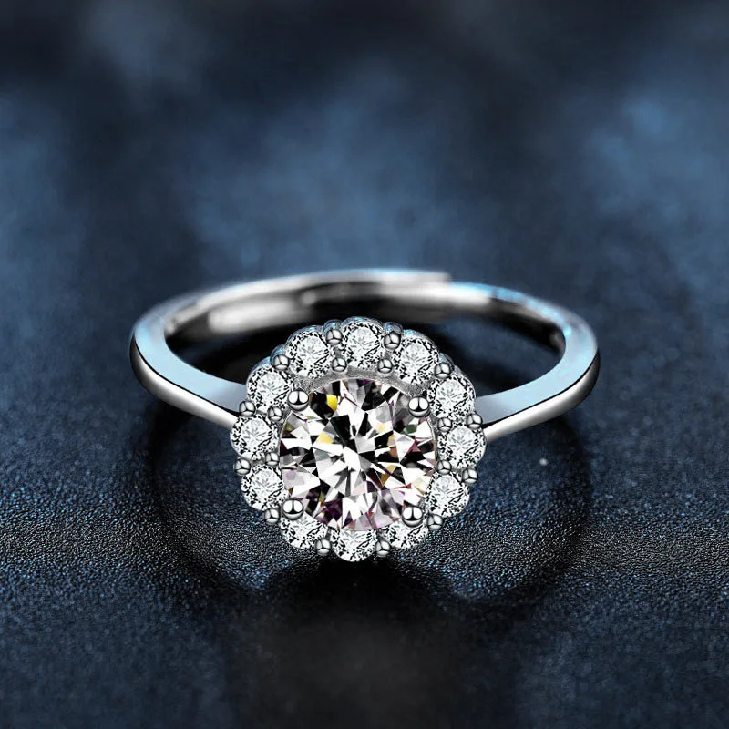 925 sterling silver sunflower ring for women, fashionable four-prong open moissanite diamond ring, simulated diamond ring