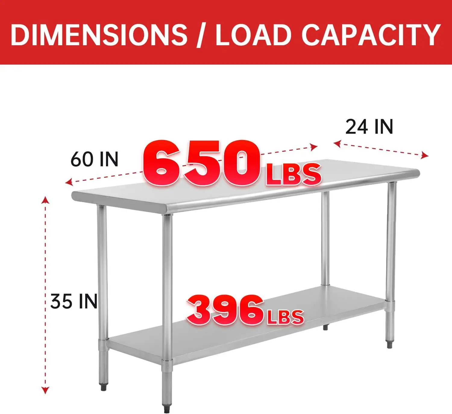 24 x 60 Inch Stainless Steel Work Table Kitchen Work Scratch Resistent Commercial Work Table Metal w/ Adjustable