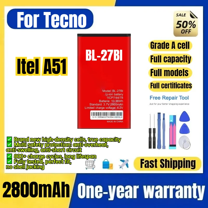 BL-27BI for Tecno Itel A51 Phone Battery 0 Cycle High Quality High Capacity Battery Replacement Bateria Grade A Cell with Tools