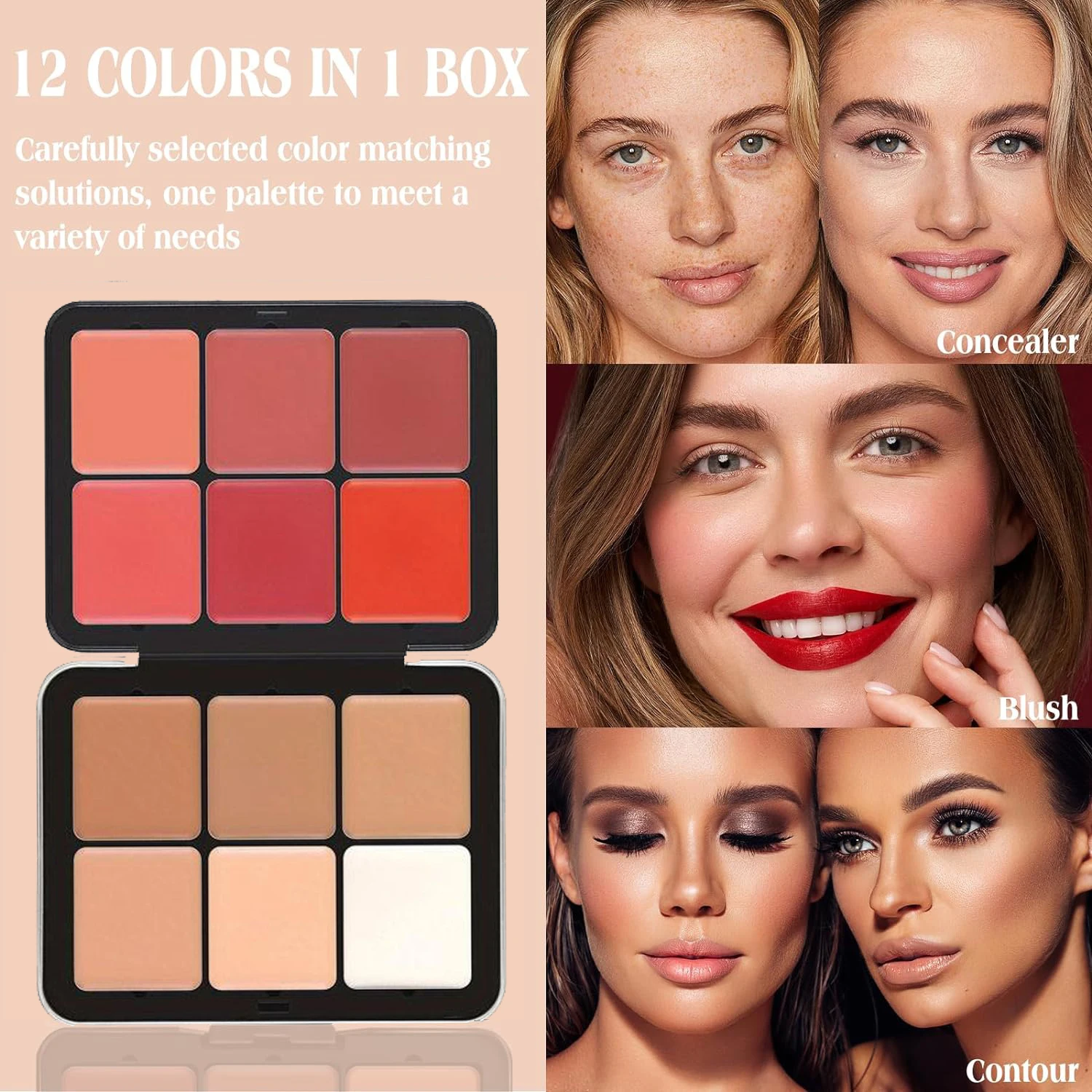 Makeup Blush Cream Palette for Cheeks Multi-functional Concealer Makeup Palette with Brusher,Natural Matte Long Wearing 12 Color