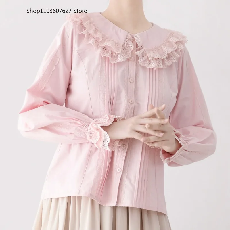 

Japanese Vintage Elegant Lolita Blouses Women Kawaii Lace Ruffles Square Collar Puff Long Sleeves Shirts Sweet Tops Blusas Mujer