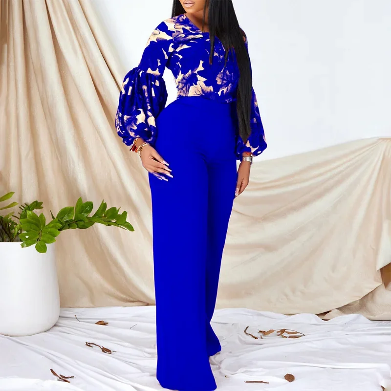 

2024 New 2 Piece Women's Flower Print Top Shirt Pants Suit Sexy Casual Commuter Elegant Clothing Lace-up Wide-leg Pants