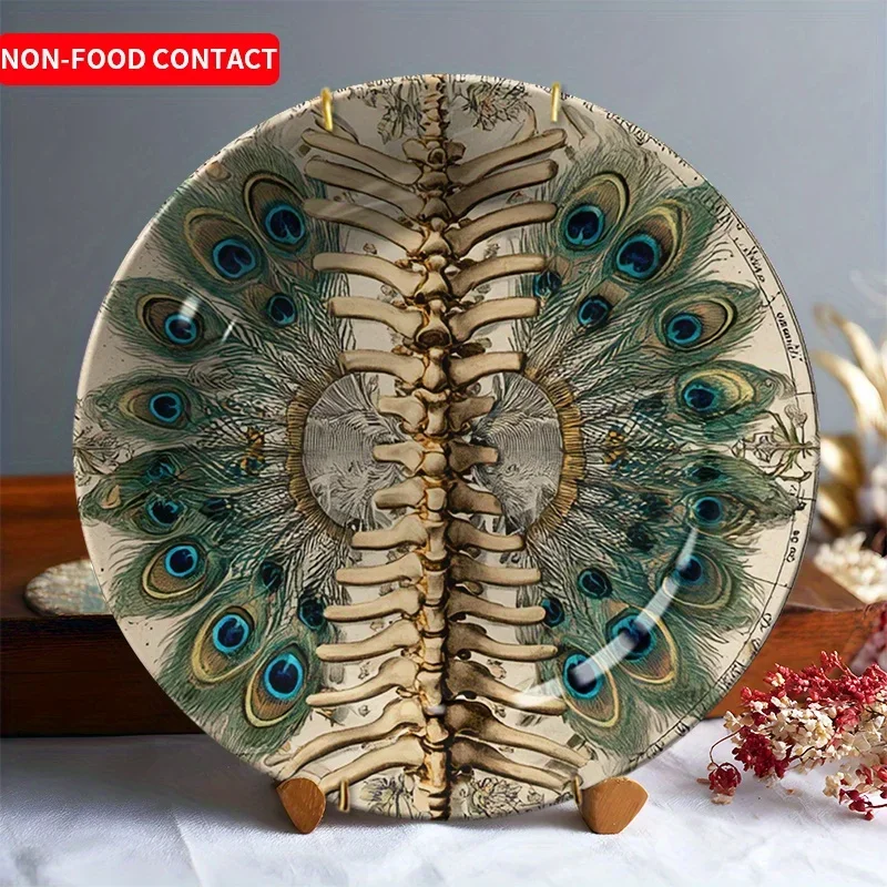 1pcExquisite Ceramic Decorative Plate with Skeleton & Peacock Feather Design, Wall Art Home Decor, Non-Food Contact, Creative