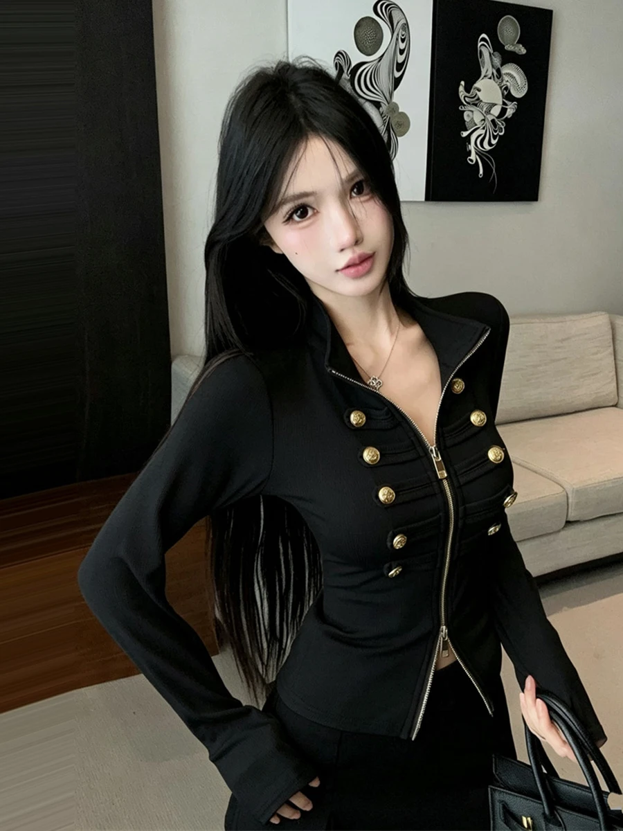 Sexy Long Sleeve Zipper T-Shirt Stand Collar Double Button Slim Fit Versatile Outerwear for Women Casual Pure Color Autumn Top