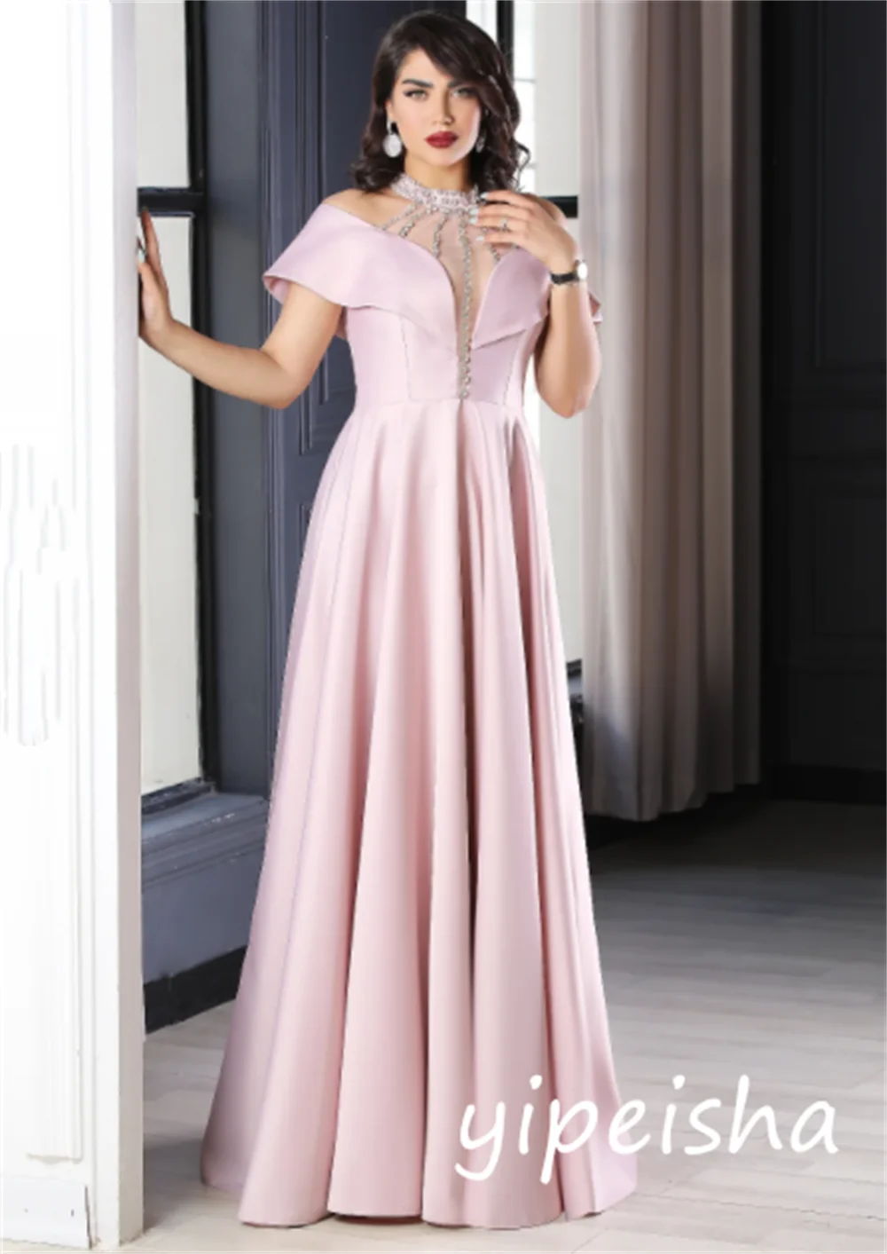 カスタマイズされたモダンスタイルのシャルムーズ、スパンコール付きプリーツ、Aライン、オフショルダー、ロングドレス、オーダーメイド、特別な機会、セクシー