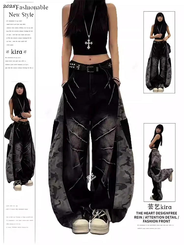 Women's Jeans Dark Academia Patchwork Baggy Men Jean 2000s Goth Denim Pants Y2k Wide Fit Long Trousers Japanese Harajuku New In