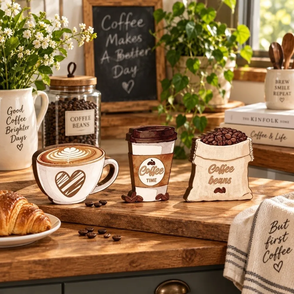 3 pcs Creativity Country style Desktop Ornament Retro Coffee Cup Decorative Wooden Board Coffee Beans Home Decoration Table
