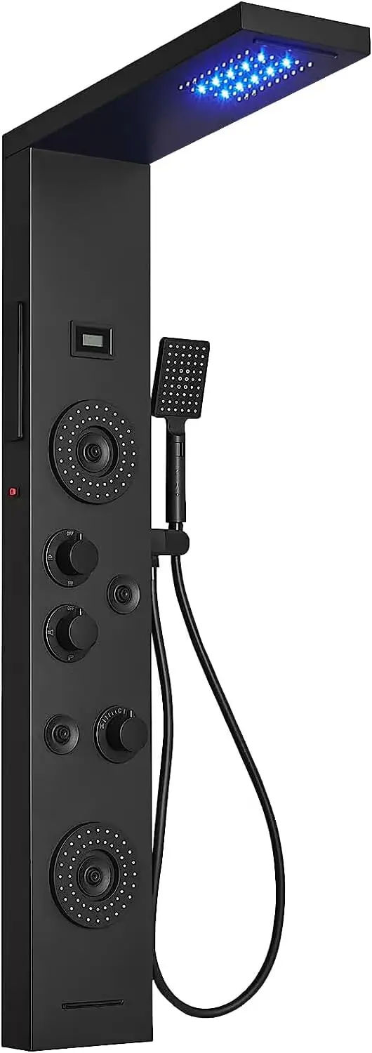 Bwe Shower Panel With Led Rainfall Waterfall Shower 6-Function Faucet 4 Mist Jets 2 Body Sprays With Handheld And Waterfall Tub