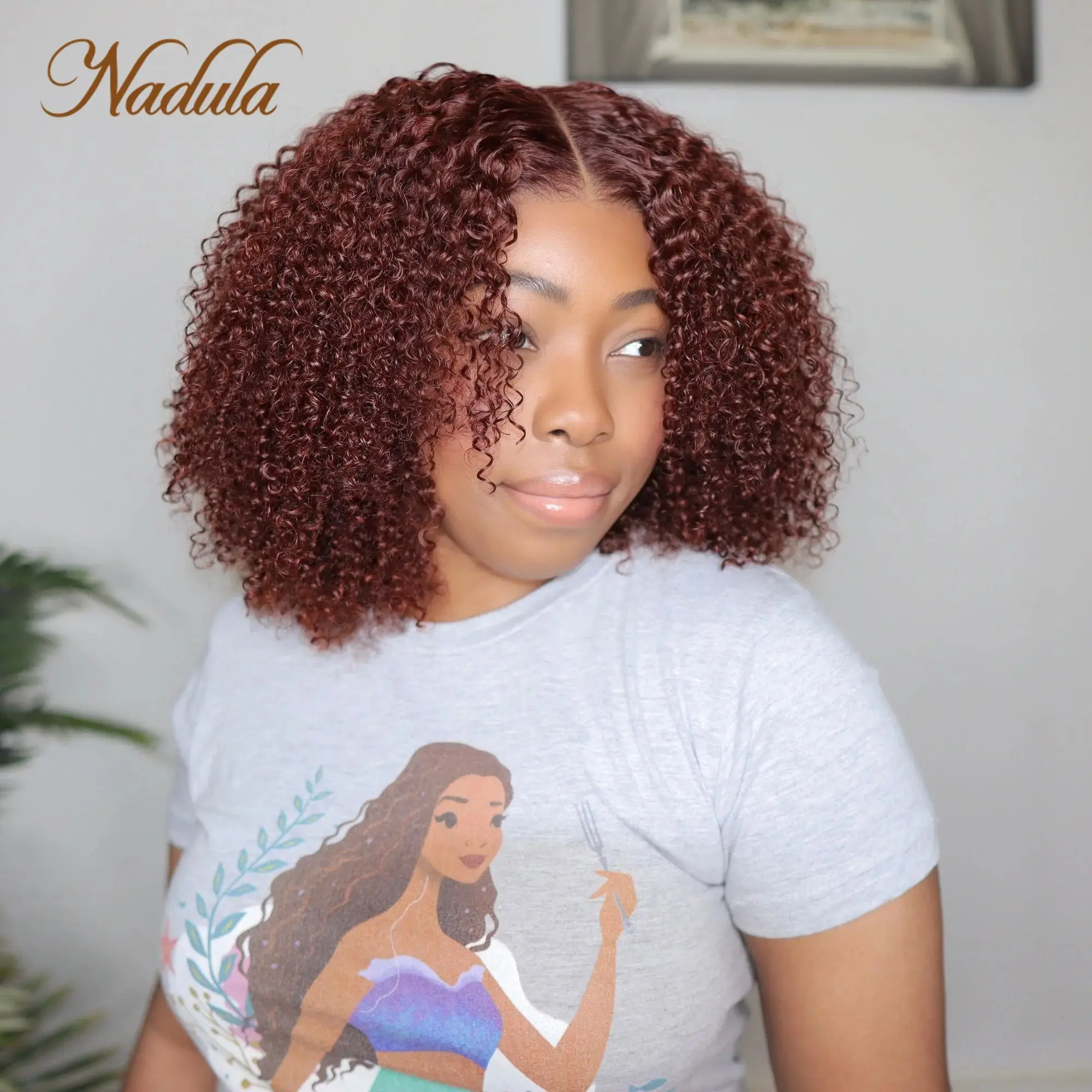 Nadula Hair 7x5 Bye-Bye Knots Lace Frontal Side Part Wig Reddish Brown Short Curly Bob Wig Put on and Go Human Hair Wig