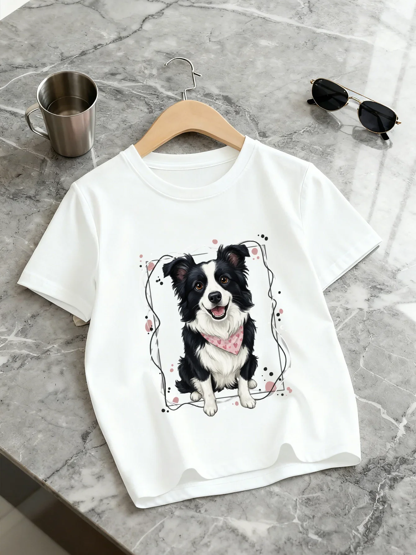 Kids Short Sleeve T Shirt Cute Border Collie Dog With Heart Bandana Art Frame Print Crew Neck Boys Girls Summer Casual Tee Top