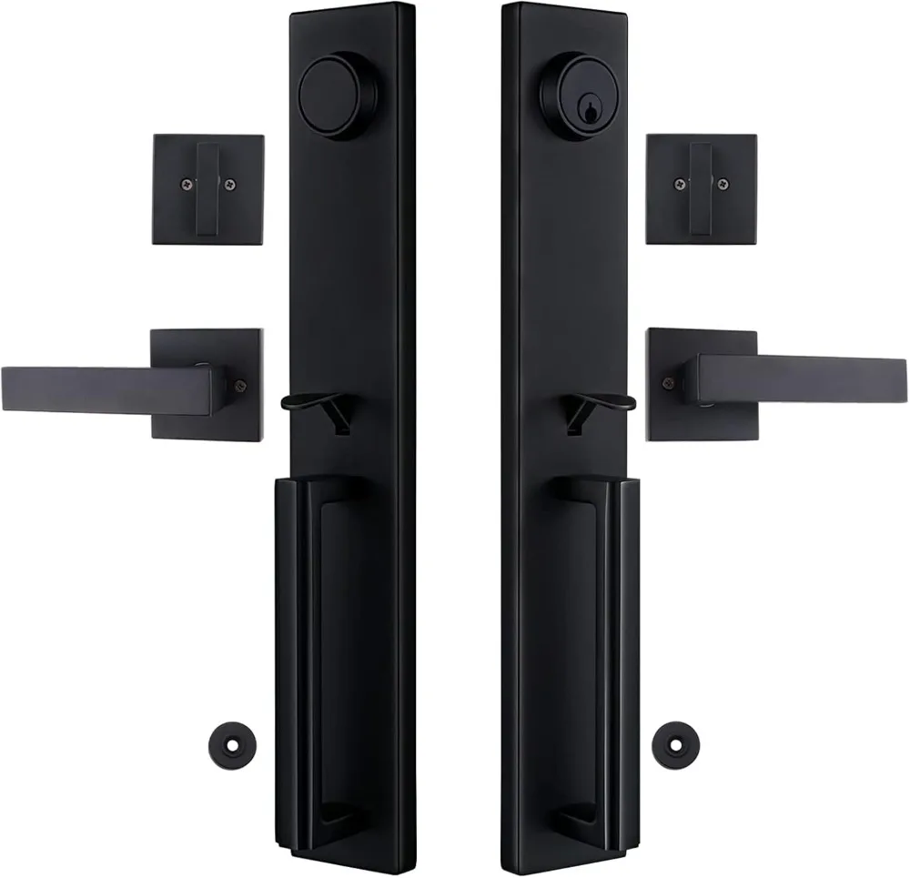 Double Door Handle Set with Dummy, Iron Black Full Escutcheon Front Door Handle Set with Key, Heavy Duty Square