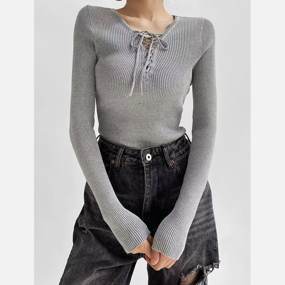 Vintage Bow Cross Bandage Lacing Up V neck Rib Knitted Long sleeve Bodysuit Woman Short Jumpsuit Slim Waist Rompers Playsuits