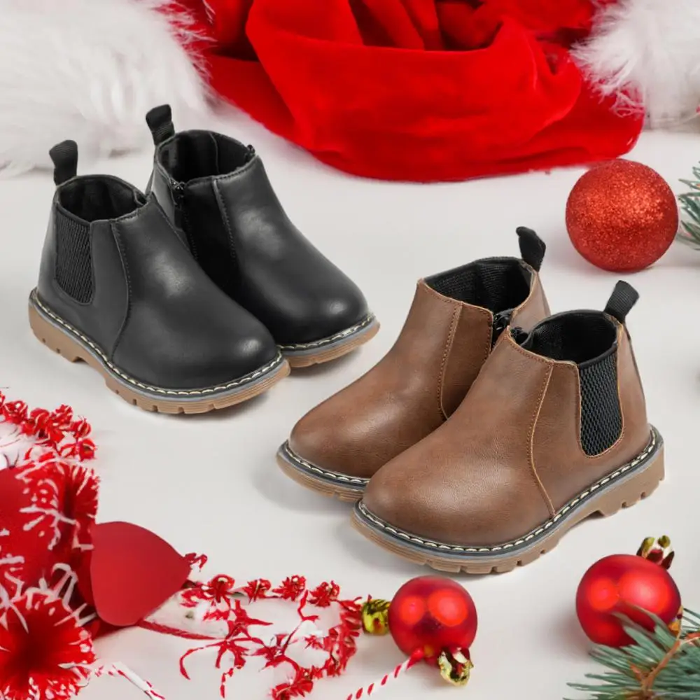 Meckior Solid Color Versatile Children's Boots Boys Girls Fashion Martin Boots Anti-Slip Soft Bottom Leather Casual Shoes