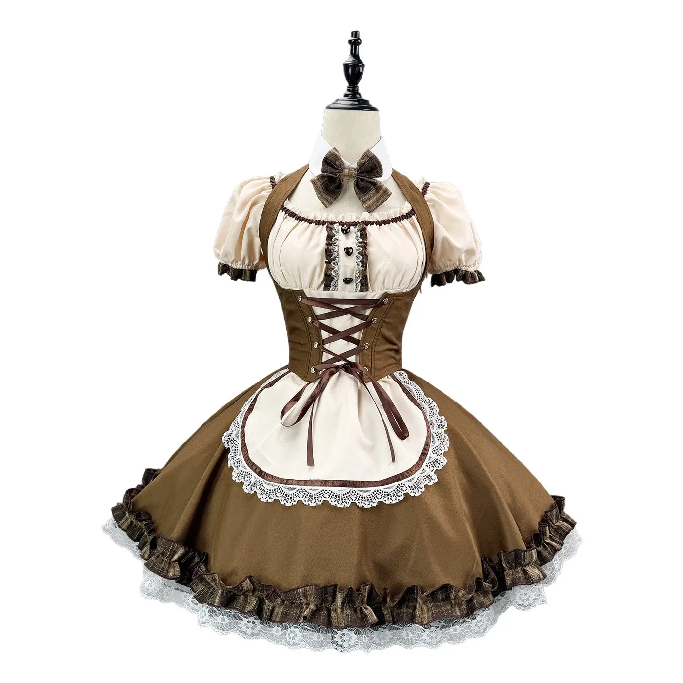 Anime Cosplay Costume Maid Dress Lolita with Apron Brown Lolita Women Dress Short Sleeved Outfit view 5