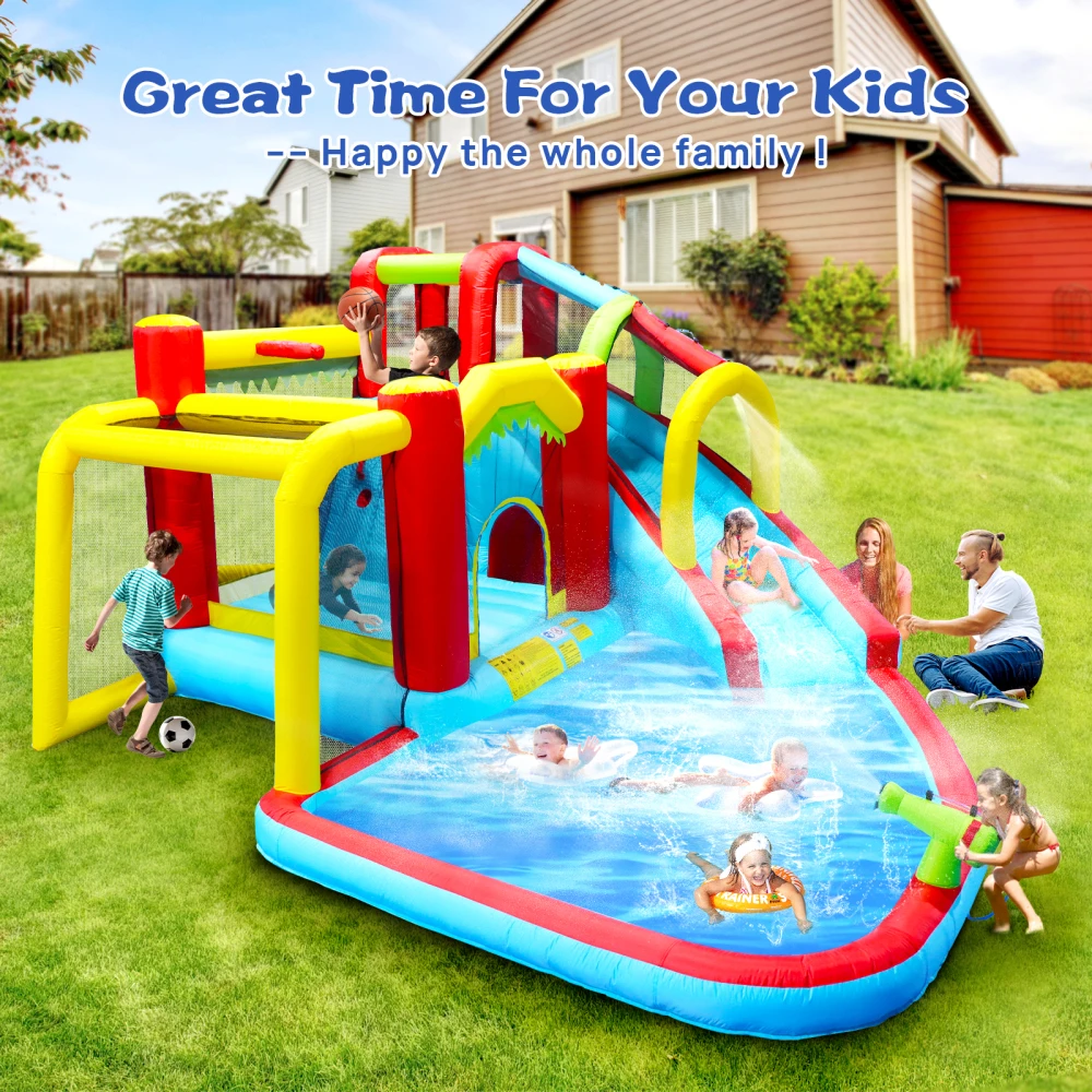 Piscina de salpicaduras 7 en 1, casa inflable para parque acuático, fútbol al aire libre, jardín, bóveda con pared de escalada, pistola de agua, baloncesto, fútbol