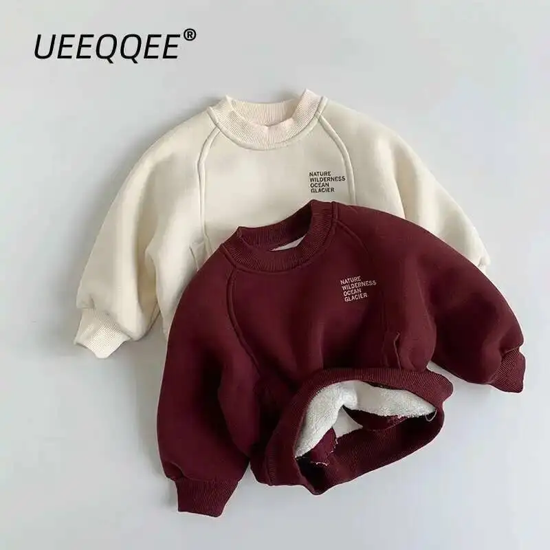 

Autumn Winter Children Sweatshirts 1-8Y Boys Thick Warm Fleece Letter Spliced Pullover Tops Tracksuit Toddler Wear Kids Clothing