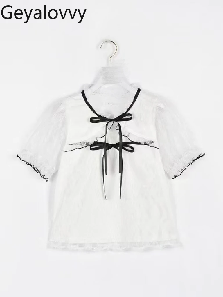 Ażurowe Koronkowe Uniwersalne Bluzki Letnie Nowe Japońskie Camisas Słodkie i Urocze Dziewczęce Bluzki Kokarda Sznurowane Koszulki z Krótkim Rękawem