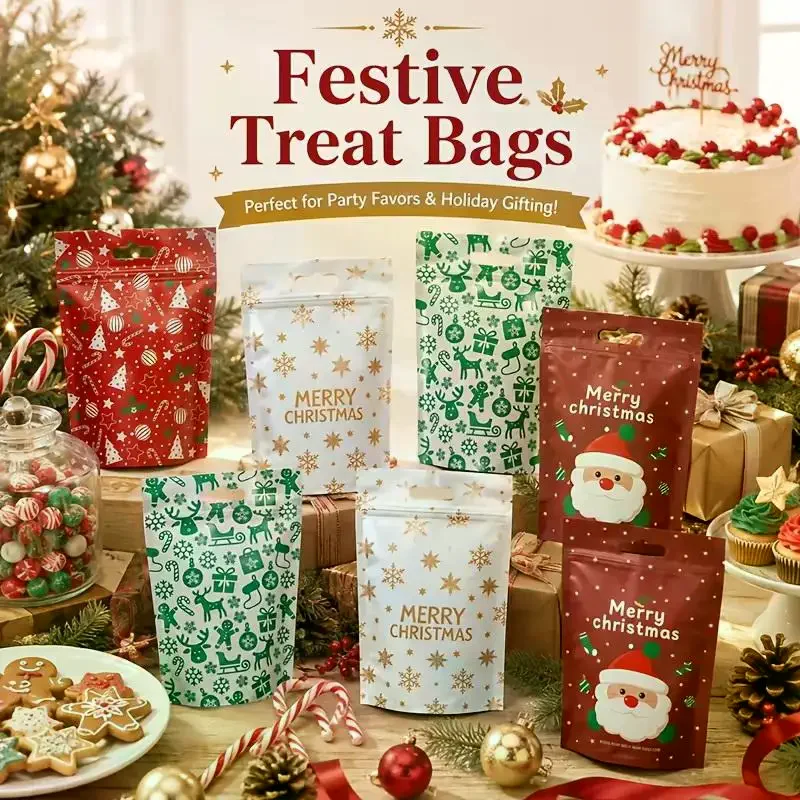 50Pcs Resealable Christmas Zip Lock Bags 50PCS Clear Christmas Plastic Sealing Bags With Handles For Xmas Holiday Party Candy