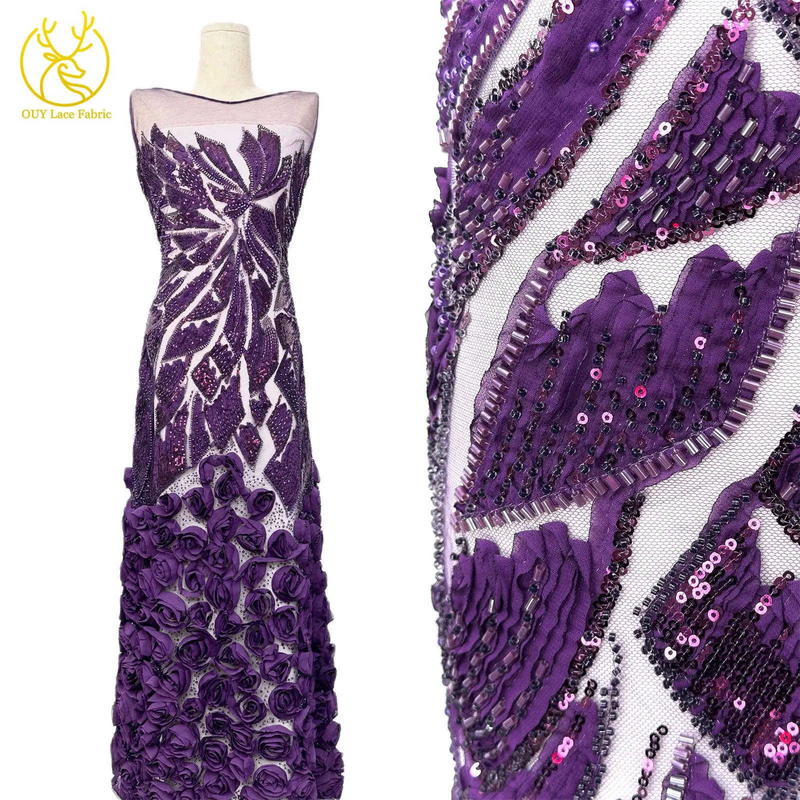 Rosa 3D Mode-Mesh-Tüll-Spitzenstoff 2026 Nigerianischer Perlen-Pailletten-Spitzenstoff für Damen Hochzeits- und Abendkleider zum Nähen 5 Yards – Detail 7