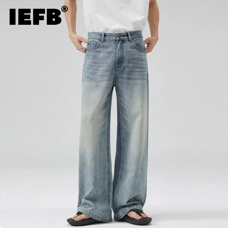 IEFB Men's A-line Jeans Washed Gradient Contrasting Color Men Trendy Loose Casual Straight Floor Length New Male Bottoms 9W2585